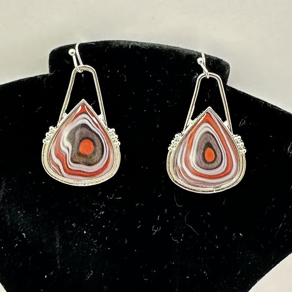 Agate Stone Earrings Teardrop Dangle Silver Tone Fashion Jewelry - Picture 2 of 6